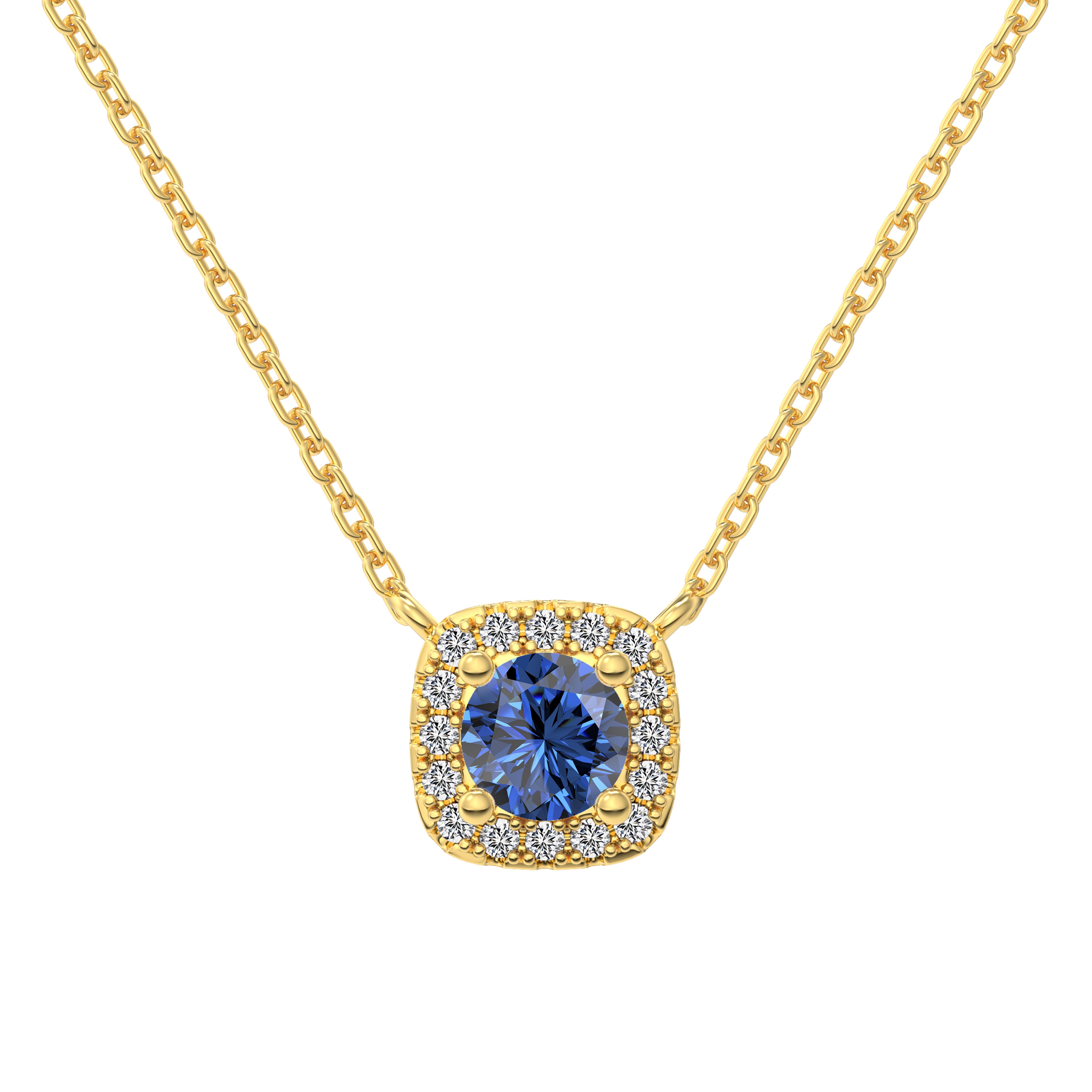 A cushion-cut blue diamond necklace with halo setting in a gold finish, displayed on a white background.