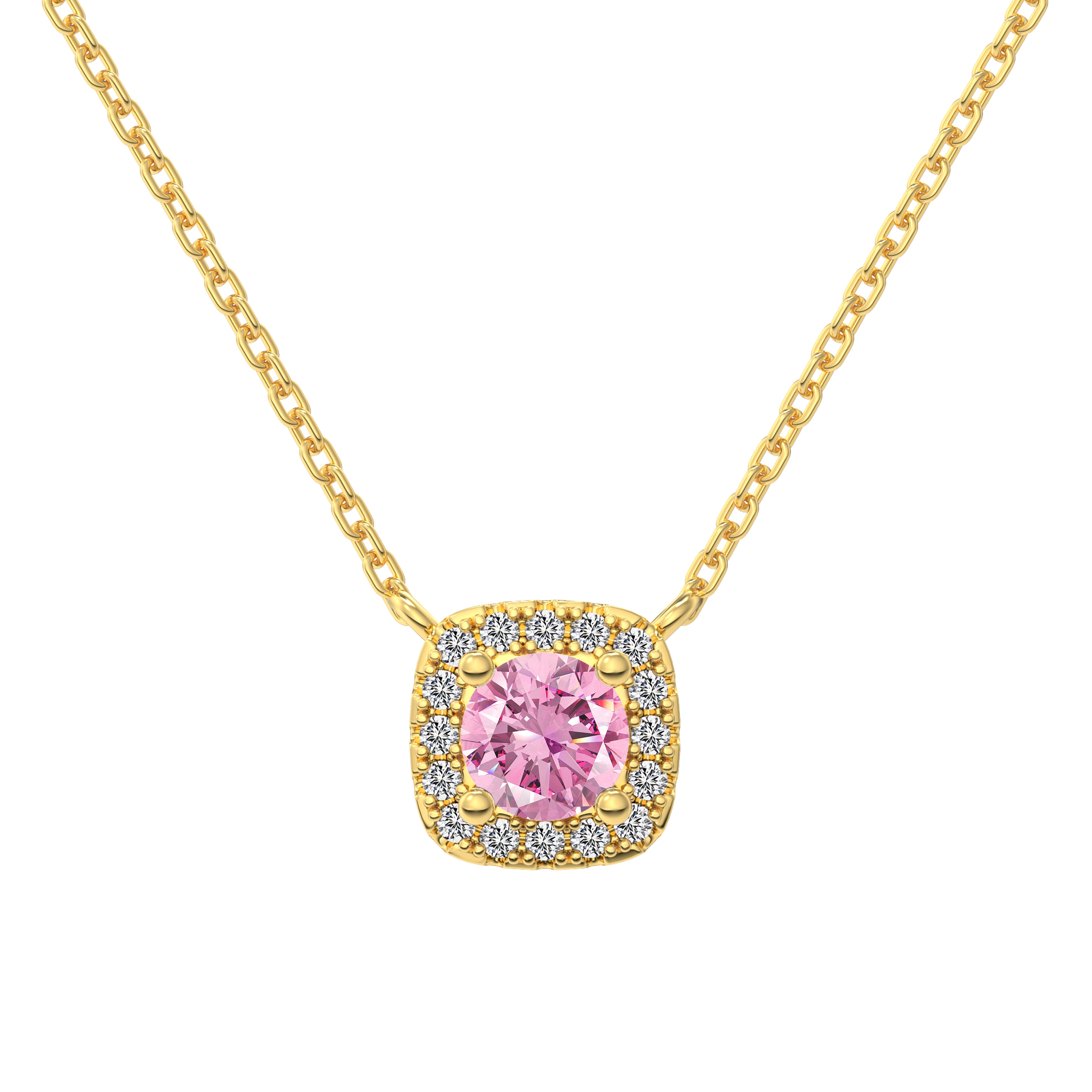 A cushion-cut pink diamond necklace with halo setting in a gold finish, displayed on a white background.