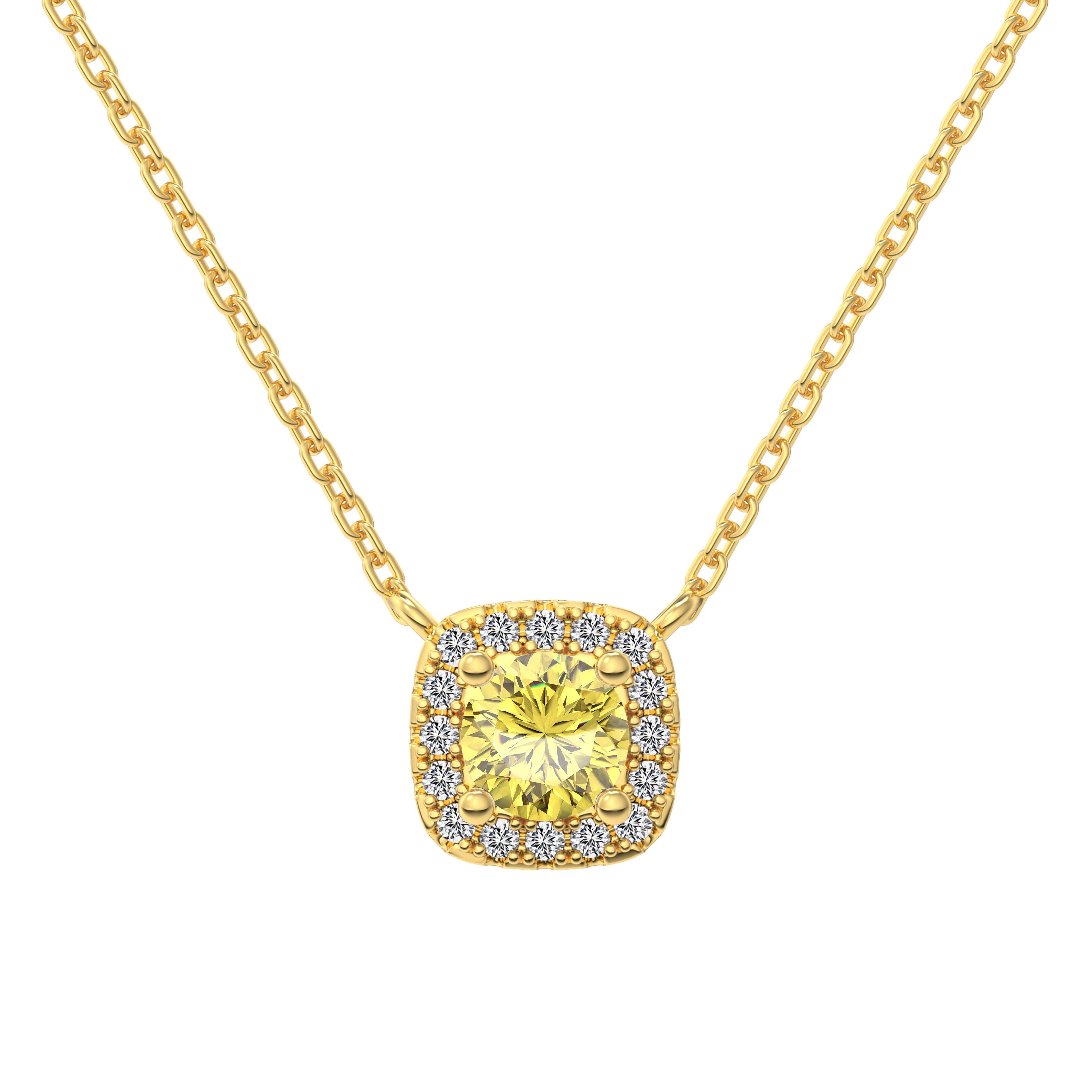 A cushion-cut yellow diamond necklace with halo setting in a gold finish, displayed on a white background.