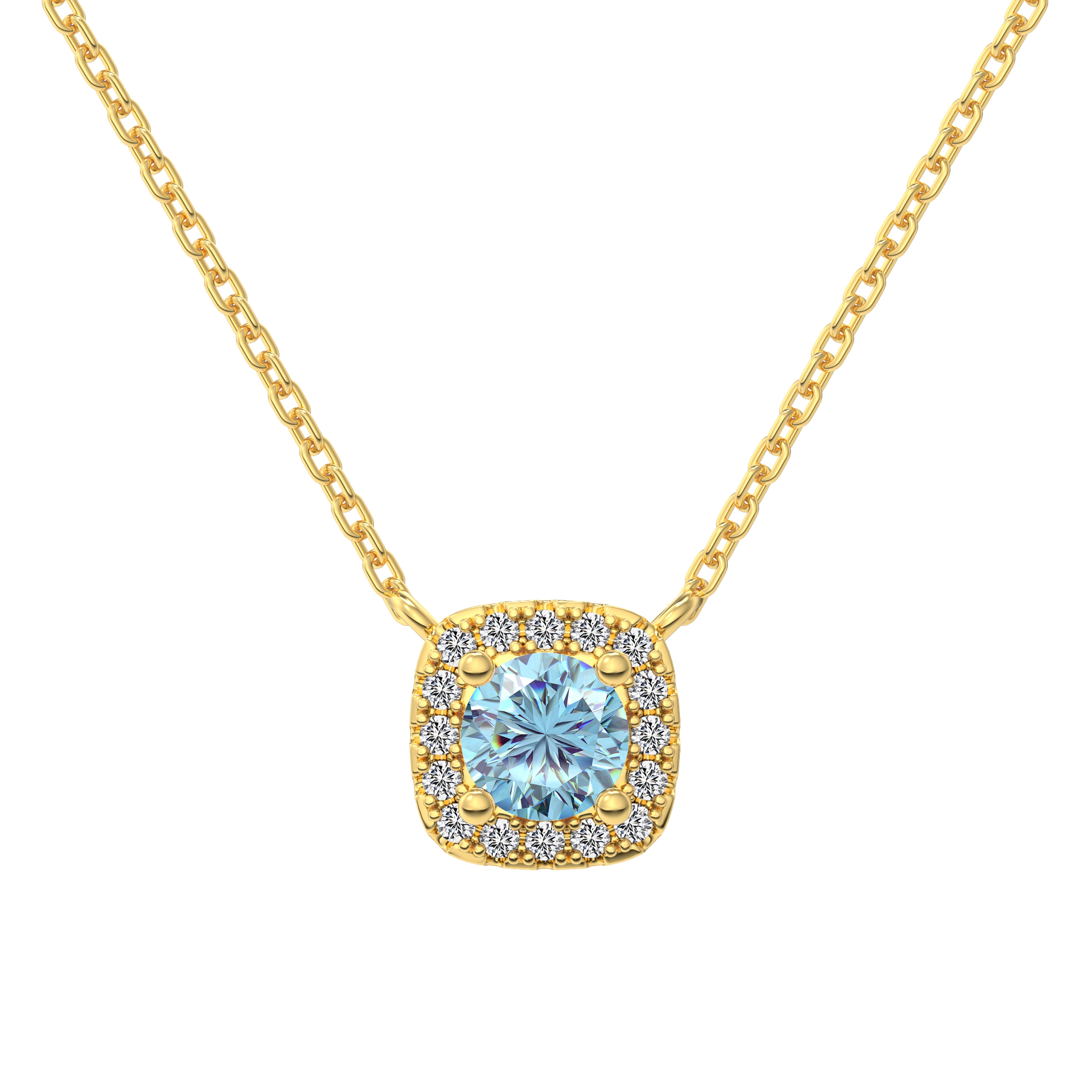 A cushion-cut sky-blue diamond necklace with halo setting in a gold finish, displayed on a white background.