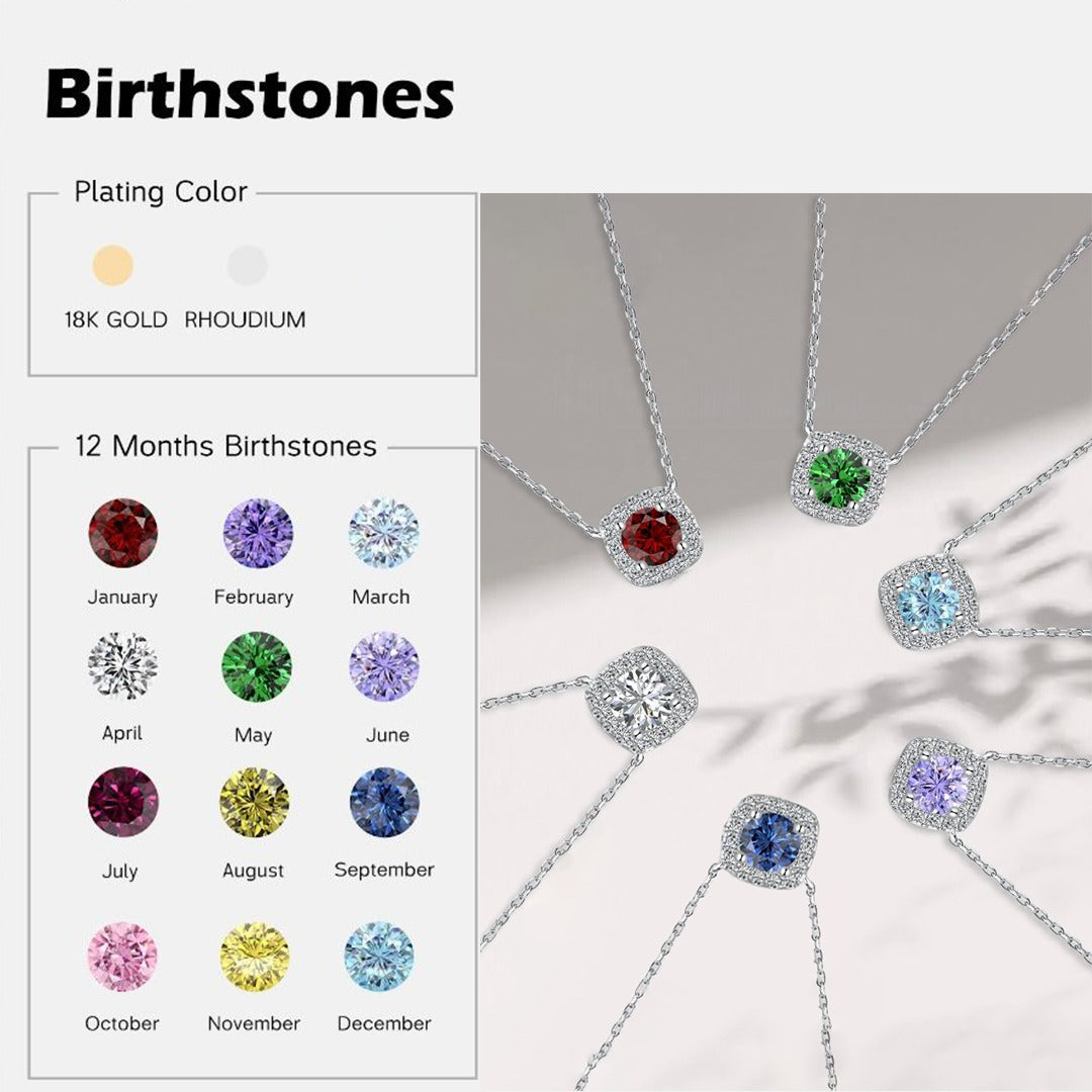 A collection of multiple cushion-cut multi color diamond necklaces with halo setting in silver finish, displayed on a white background.