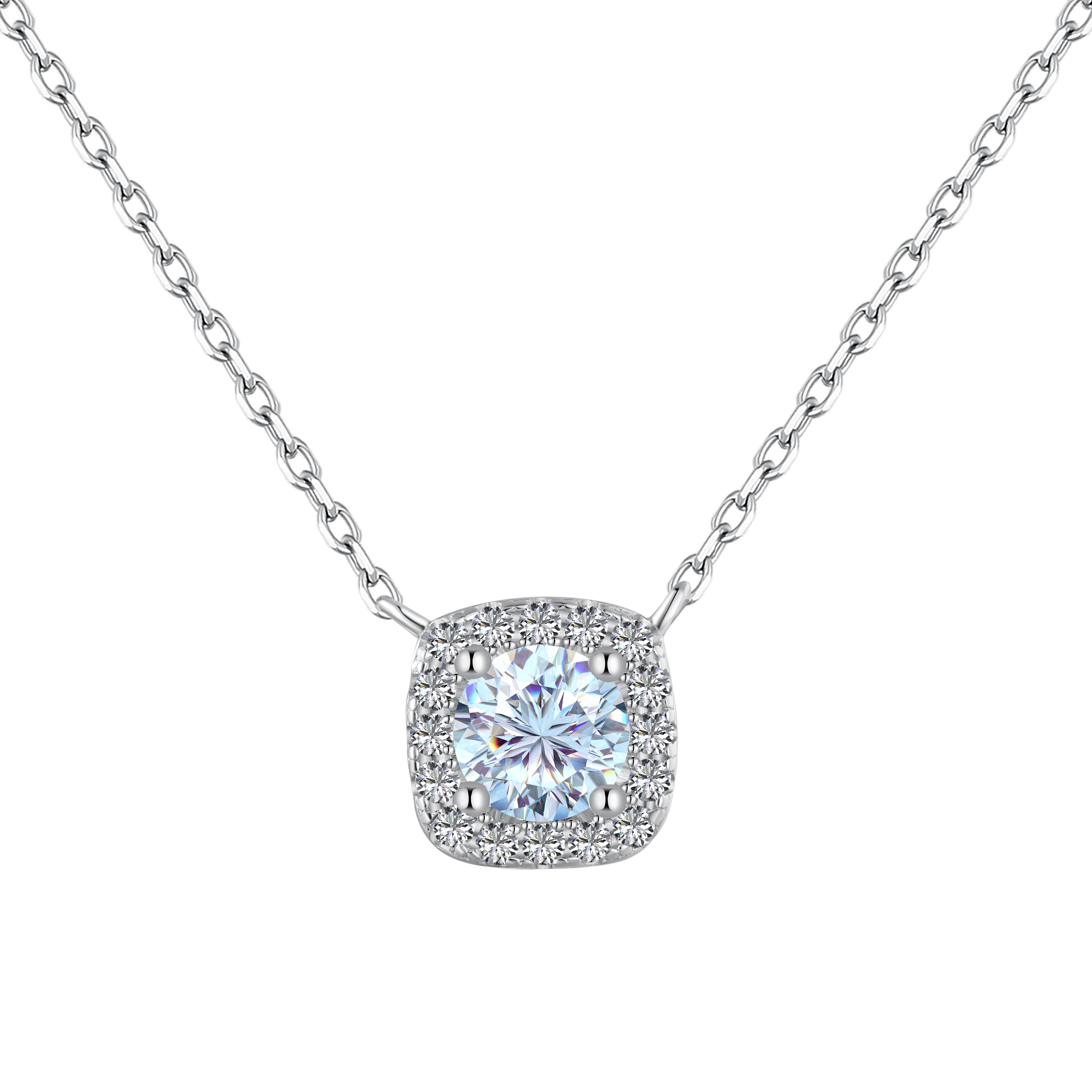 A cushion-cut clear diamond necklace with halo setting in a silver finish, displayed on a white background.