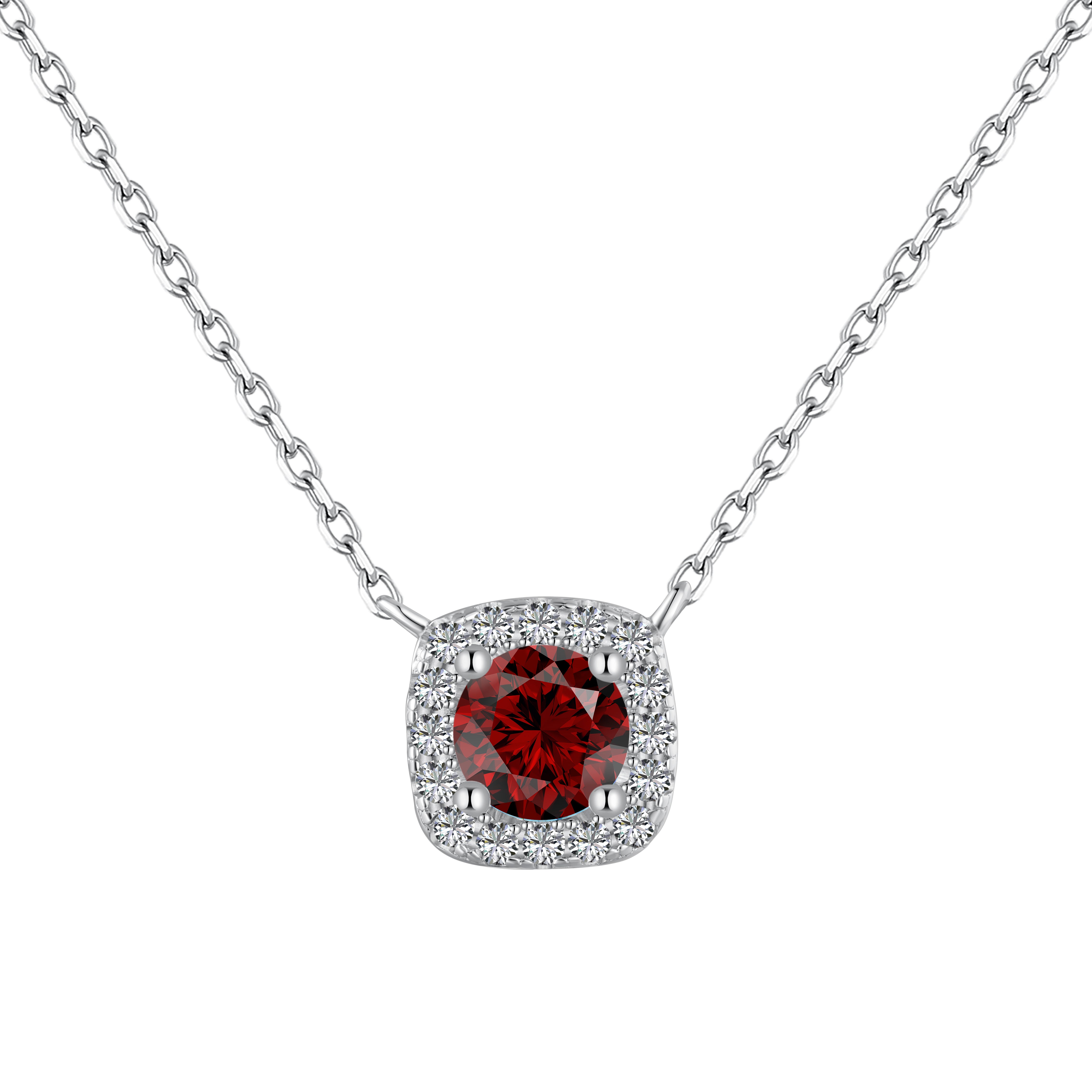 A cushion-cut red diamond necklace with halo setting in a silver finish, displayed on a white background.