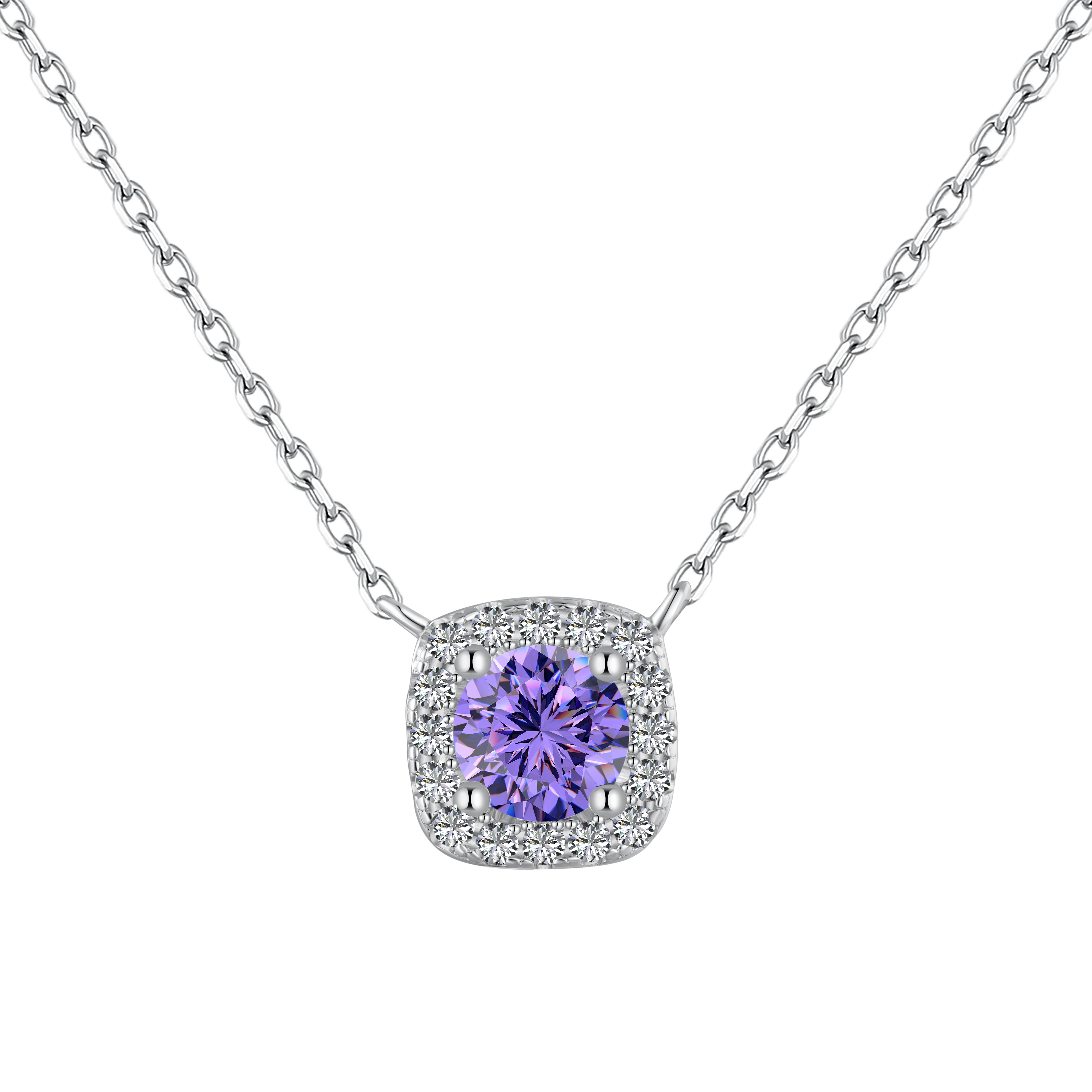 A cushion-cut purple diamond necklace with halo setting in a silver finish, displayed on a white background.