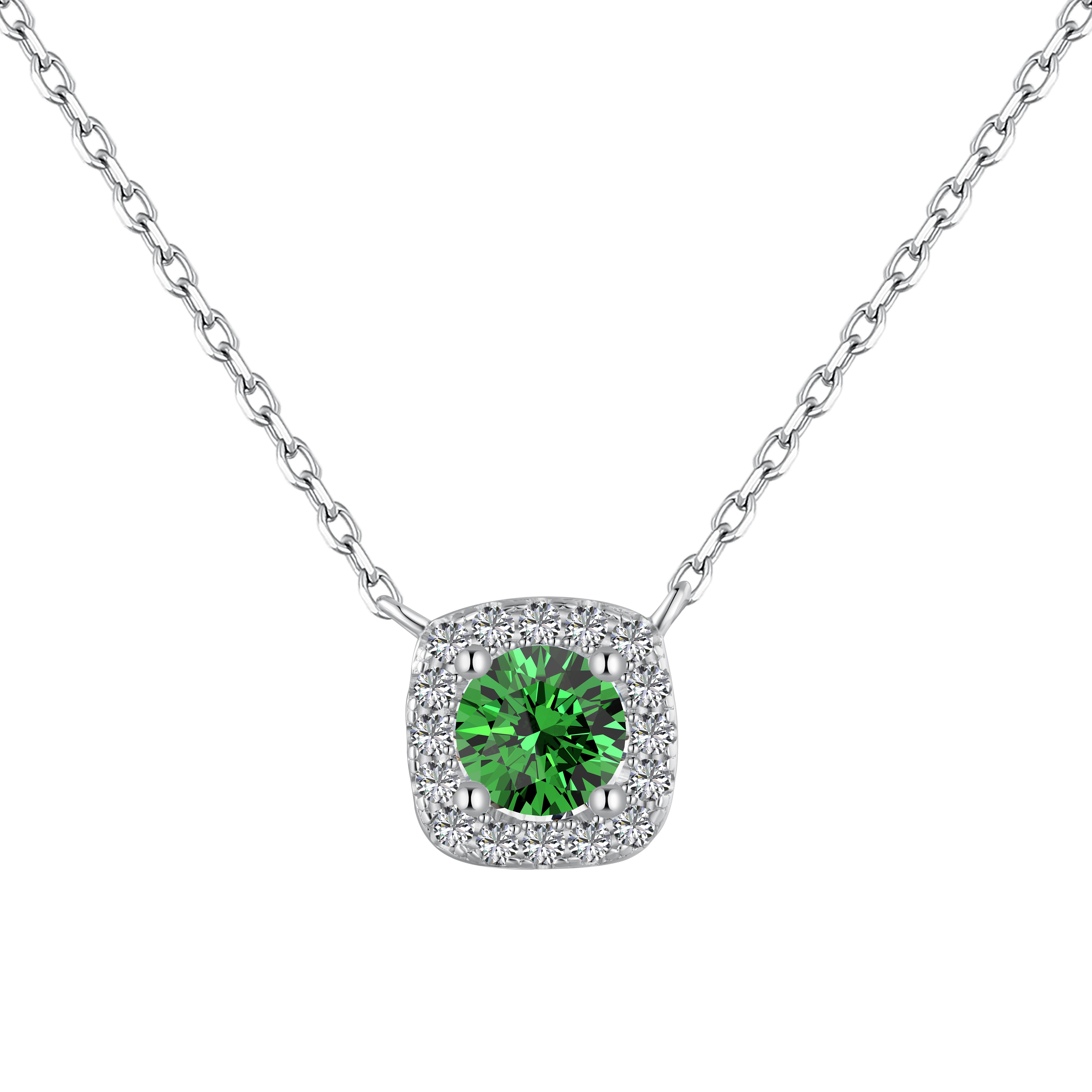 A cushion-cut green diamond necklace with halo setting in a silver finish, displayed on a white background.
