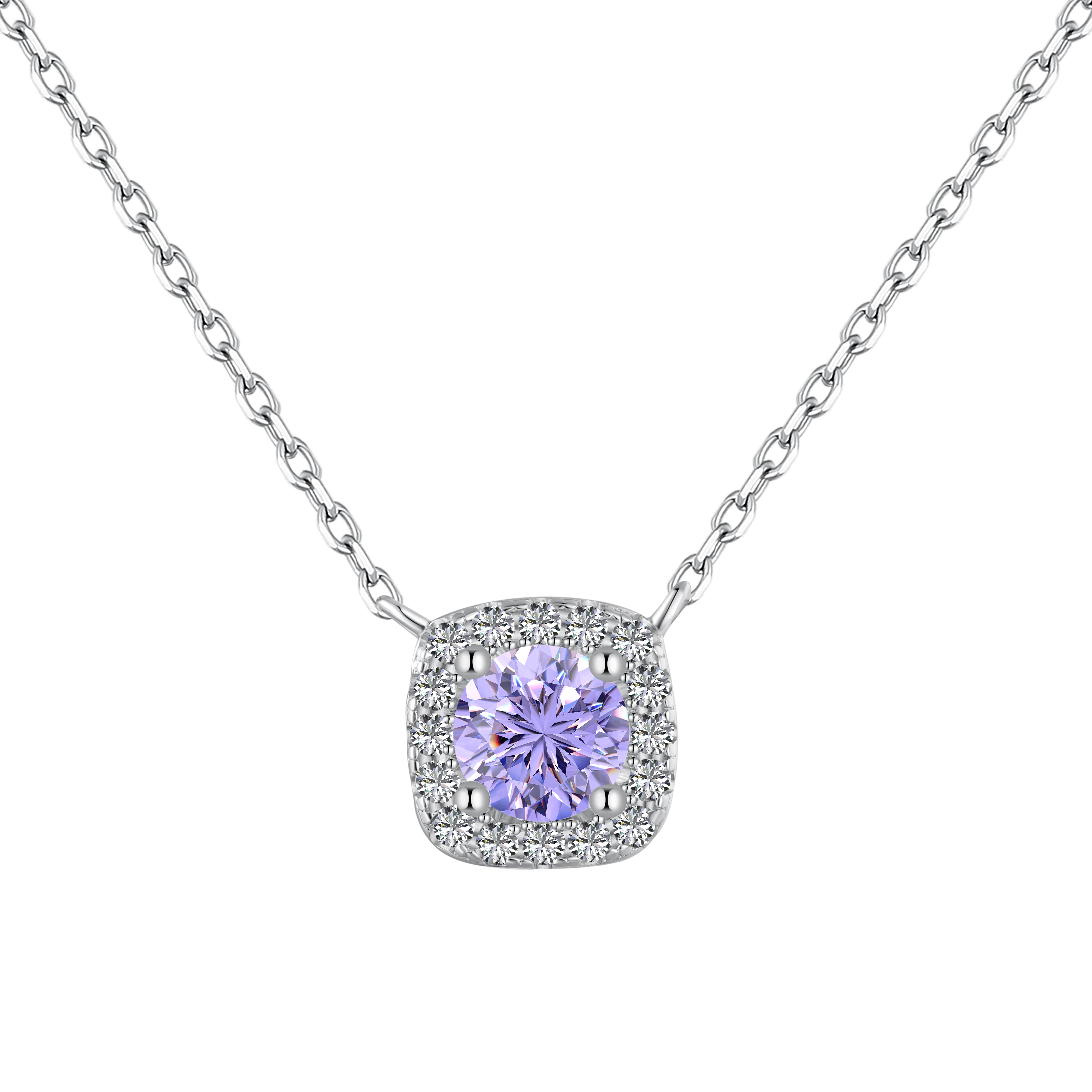 A cushion-cut light purple diamond necklace with halo setting in a silver finish, displayed on a white background.