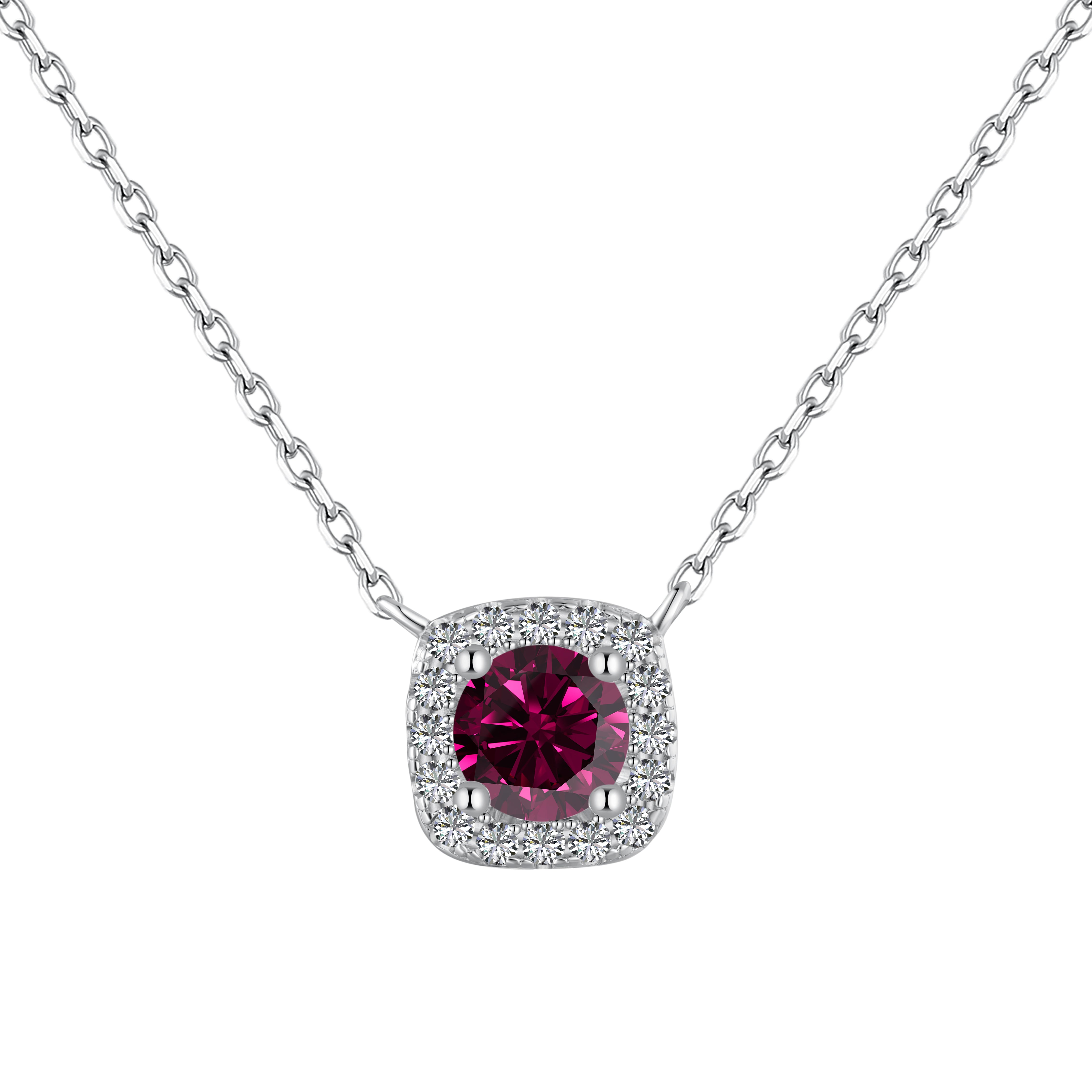 A cushion-cut dark pink diamond necklace with halo setting in a silver finish, displayed on a white background.