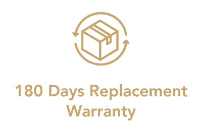 180 Days Replacement Warranty text with a box icon on a white background