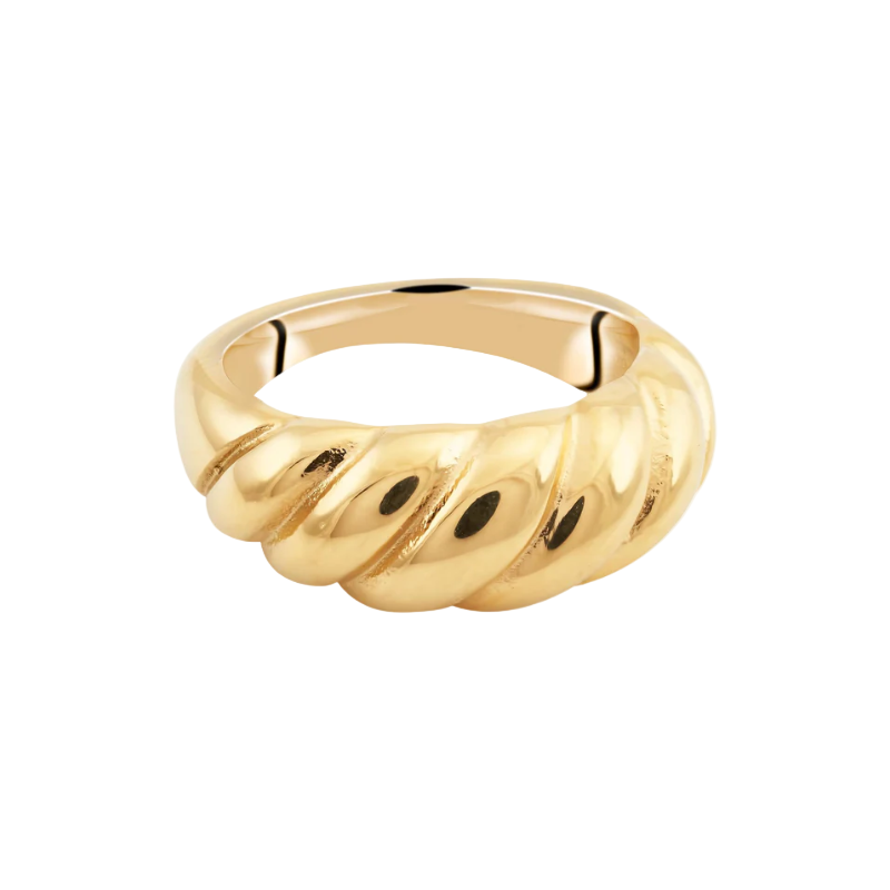 A gold-plated stainless steel ring with a curved design, displayed on a white surface.