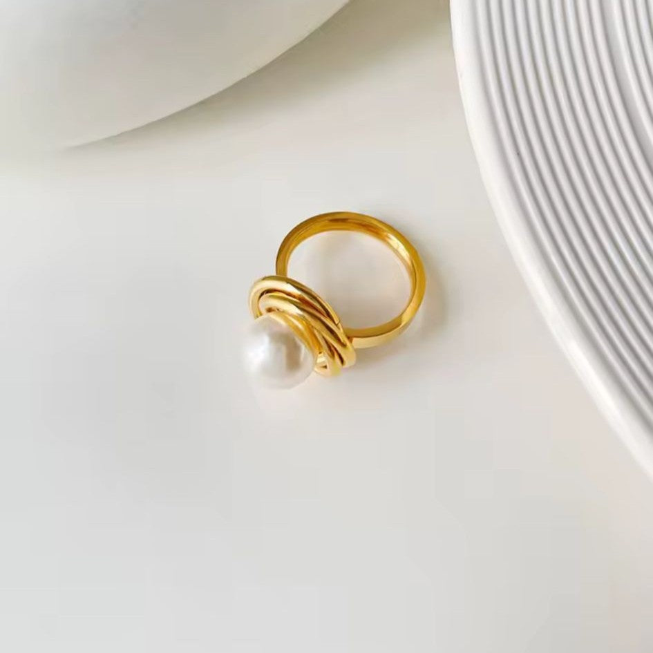 18K Gold Plated Knot Ring with Pearl Accent