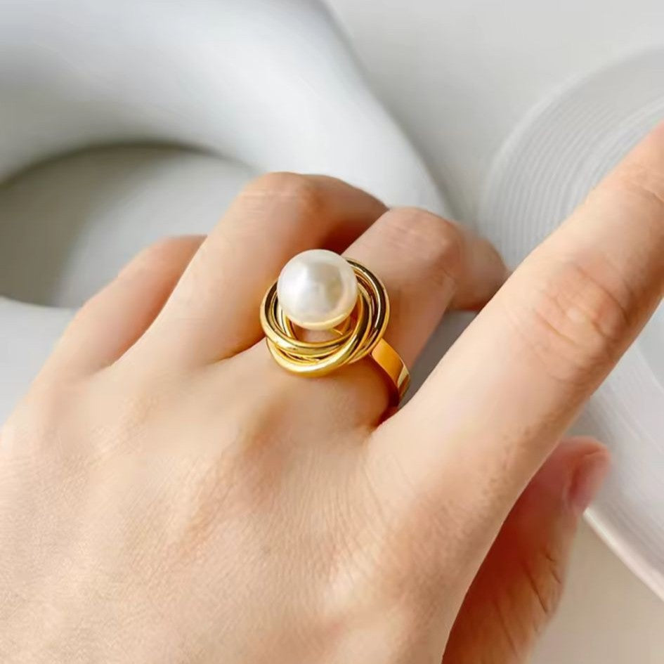 18K Gold Plated Knot Ring with Pearl Accent
