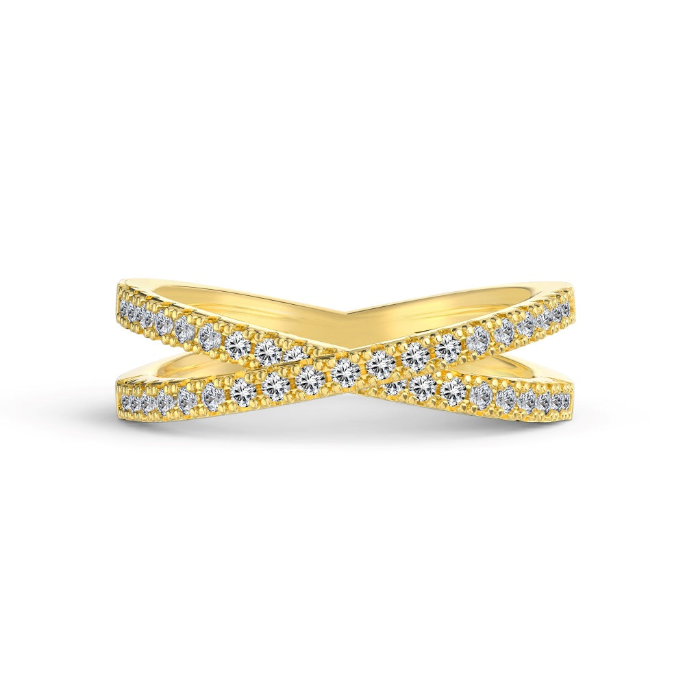 Gold ring with diamond accents on a white background