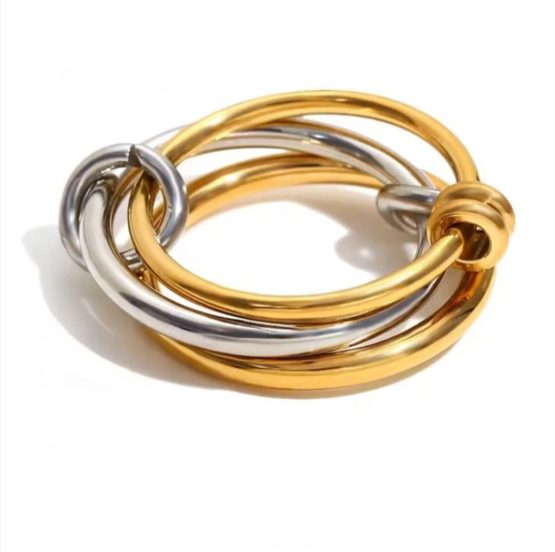 A ring with set of three interlocking rings with gold and silver colors, crafted from 18K gold plated stainless steel.