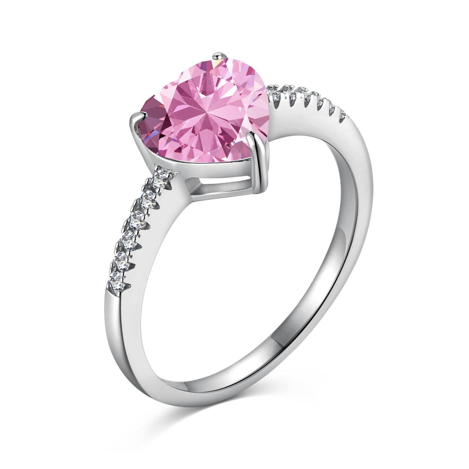 A heart-shaped 5A CZ silver ring with big pink and small white stones on the band, displayed against a white background.
