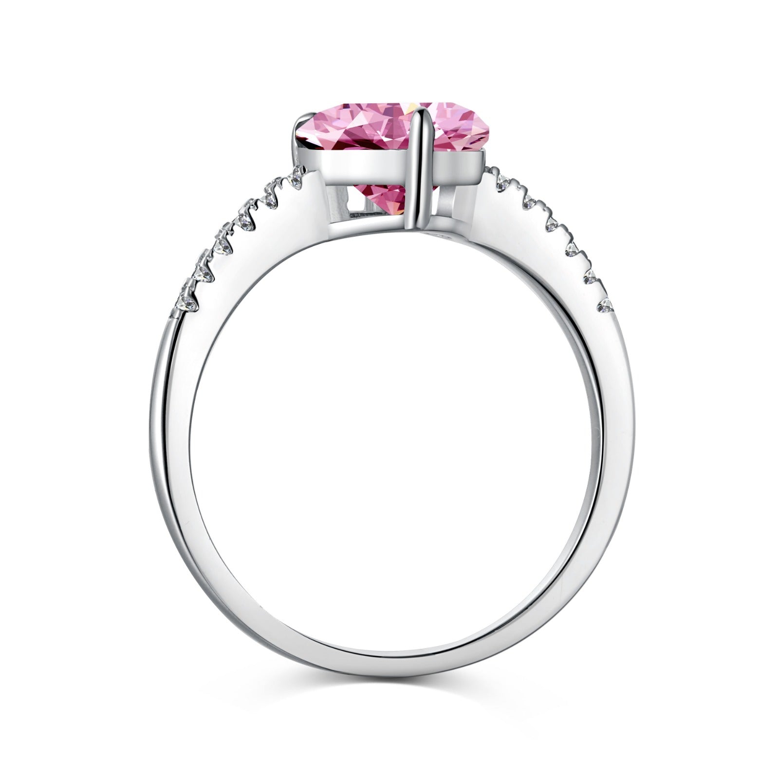 A heart-shaped 5A CZ silver ring with big pink and small white stones on the band, displayed against a white background.