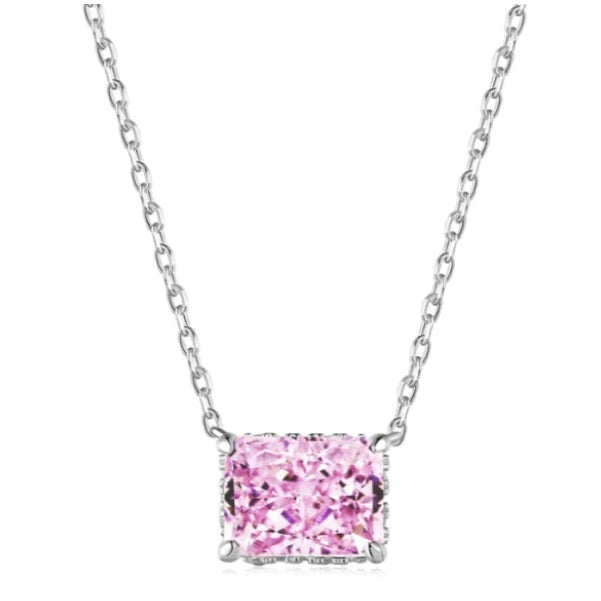 A rhodium plated necklace with a rectangle radiant cut 8A CZ main stone (Pink) on a chain.