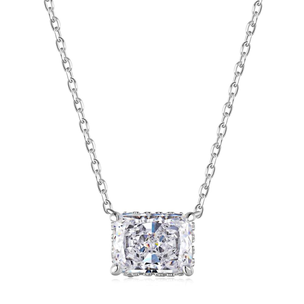 A rhodium plated necklace with a rectangle radiant cut 8A CZ main clear stone on a chain.