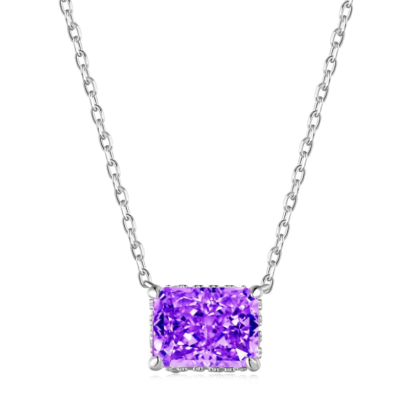 A rhodium plated necklace with a rectangle radiant cut 8A CZ main purple stone on a chain.