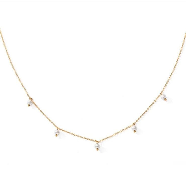 A gold-colored stainless steel necklace with five imitation pearl bead drops.