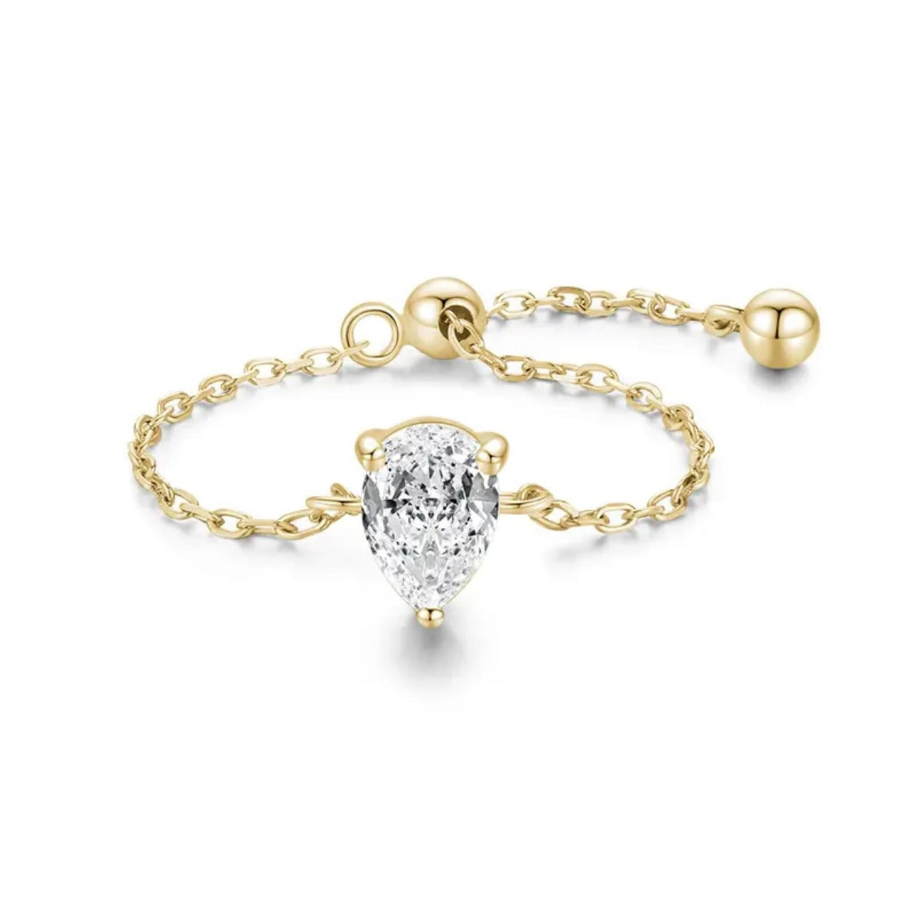 A gold chain ring with gemstone design on a white background