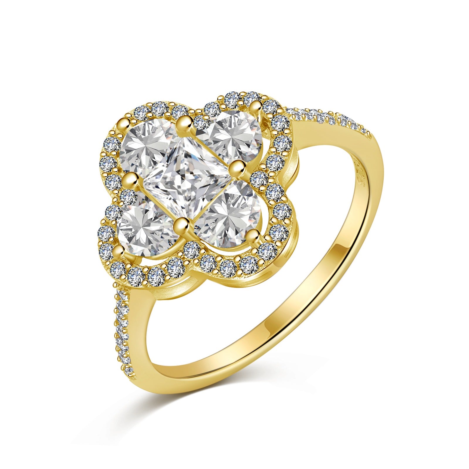 A gold clover-shaped ring with multiple clear gemstones and a rhodium plating.