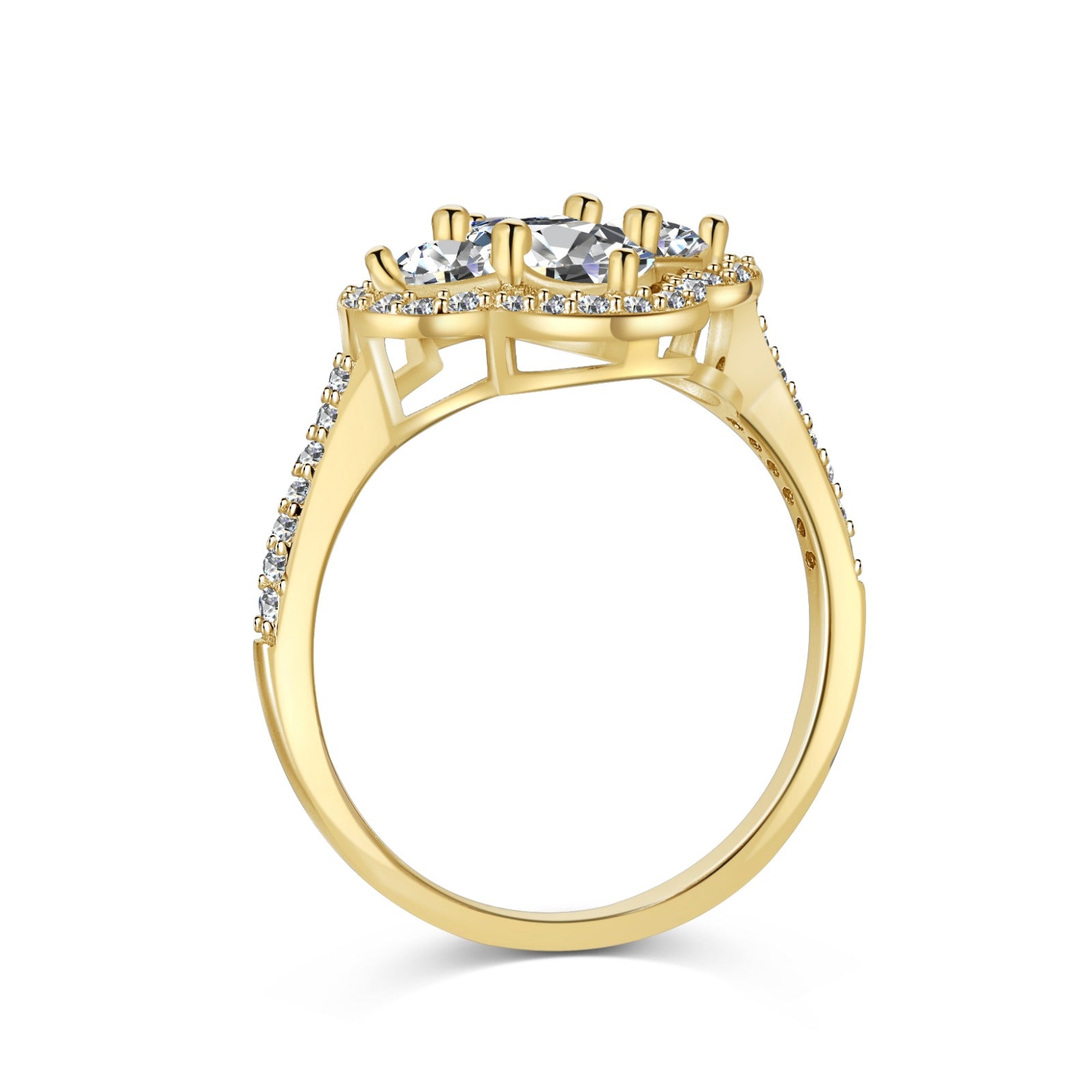 A gold clover-shaped ring with multiple clear gemstones and a rhodium plating.
