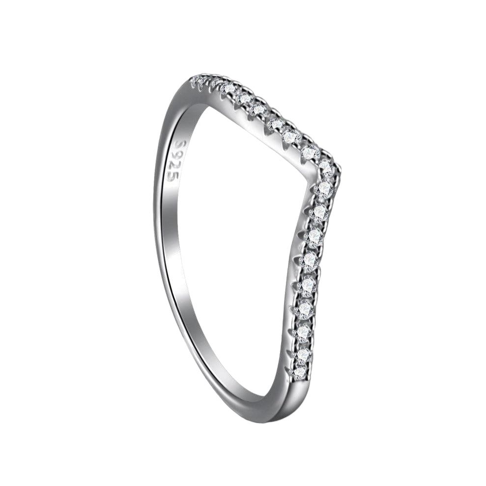 A silver ring featuring a single zircon stone with a wishbone design on the band.