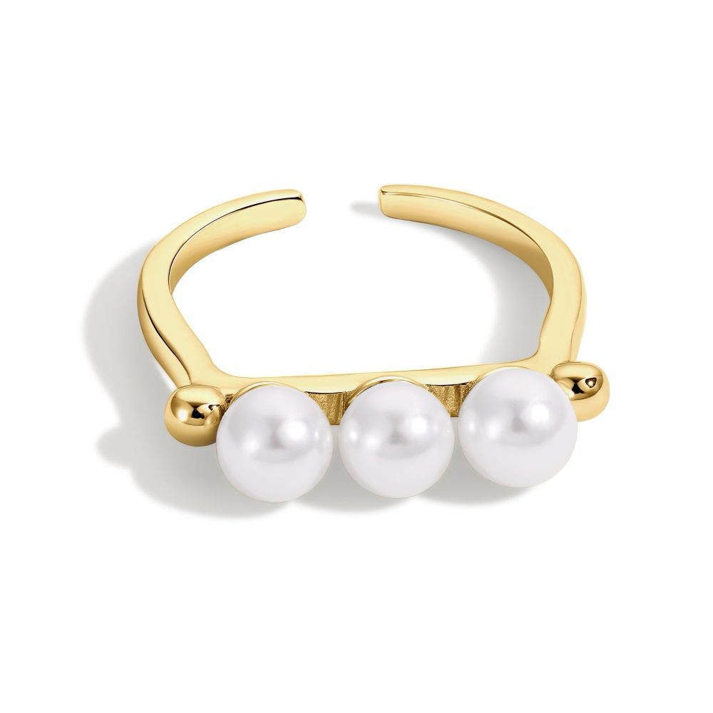 An adjustable ring with 925 sterling silver band and gold plating, featuring three white shell pearls aligned in a row.