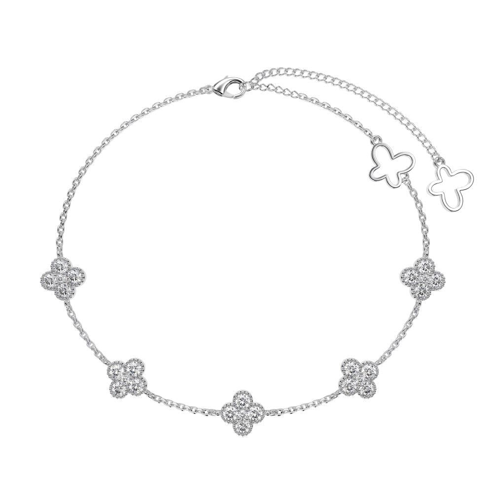 A silver-plated 925 sterling silver bracelet with a floral design, featuring small diamond-shaped stones.