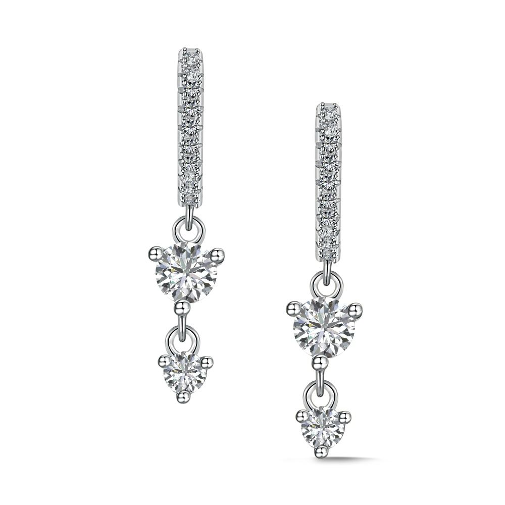 A pair of gold-plated silver hoop earrings with drop-shaped settings containing cubic zirconia stones.