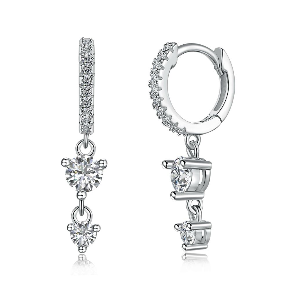 A pair of gold-plated silver hoop earrings with drop-shaped settings containing cubic zirconia stones.