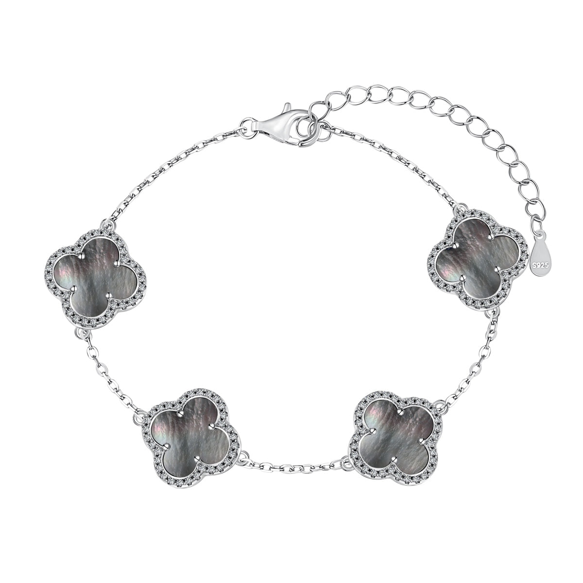 Silver bracelet with four-leaf clover-shaped charms on a white background