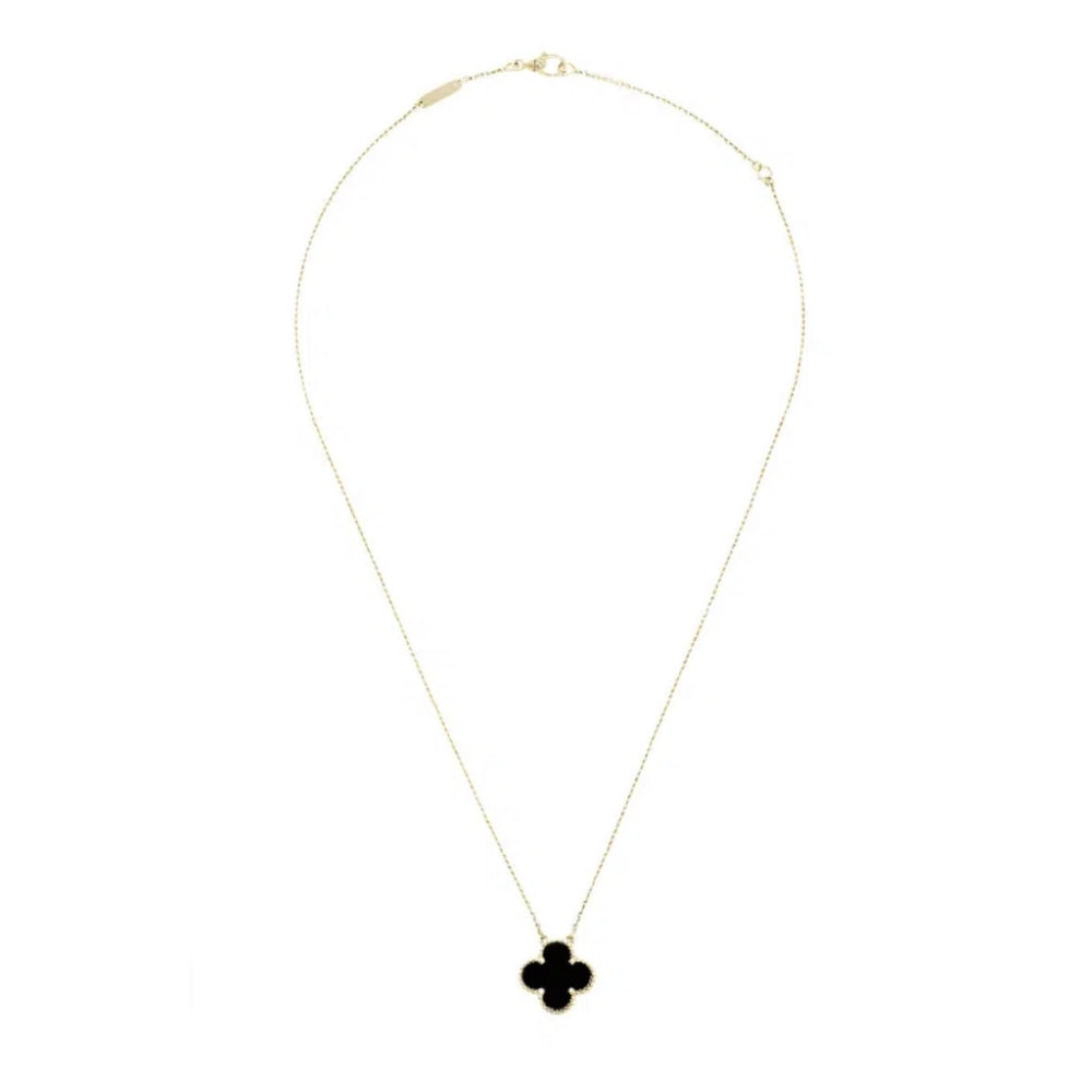 Necklace with a black clover-shaped pendant on a white background