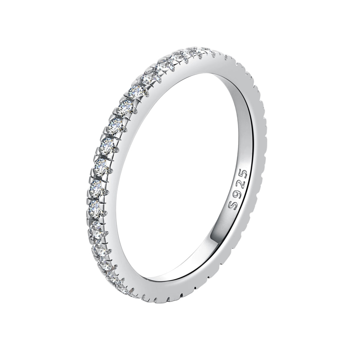 A Sterling Silver band ring with zirconia stones around its circumference.