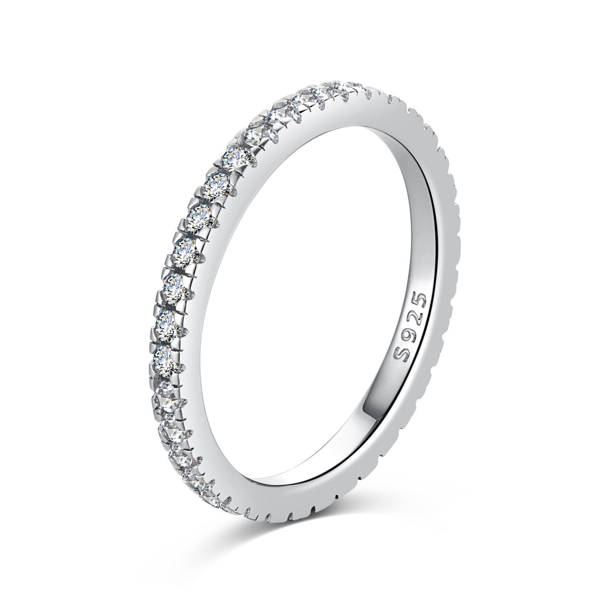 A Sterling Silver band ring with zirconia stones around its circumference.