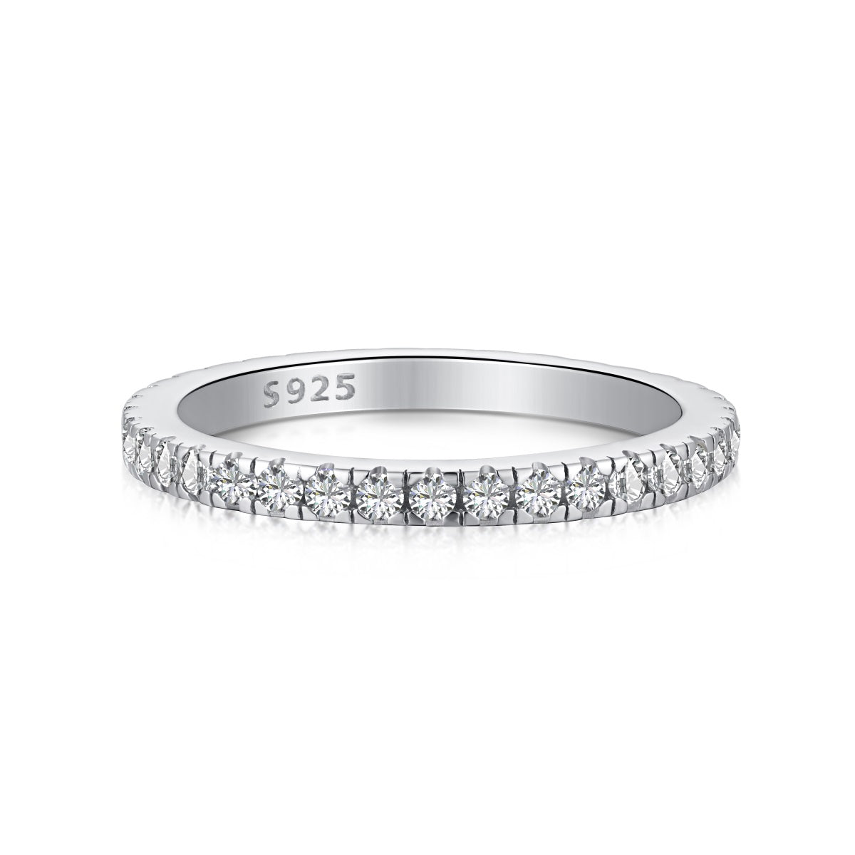 A Sterling Silver band ring with zirconia stones around its circumference.