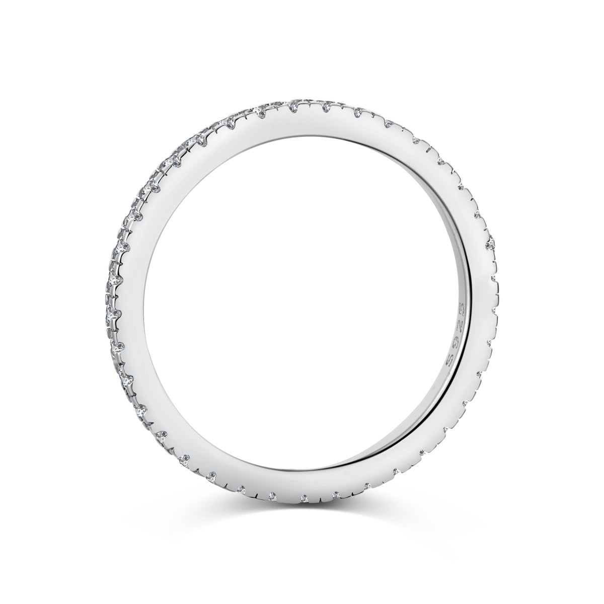 A Sterling Silver band ring with zirconia stones around its circumference.