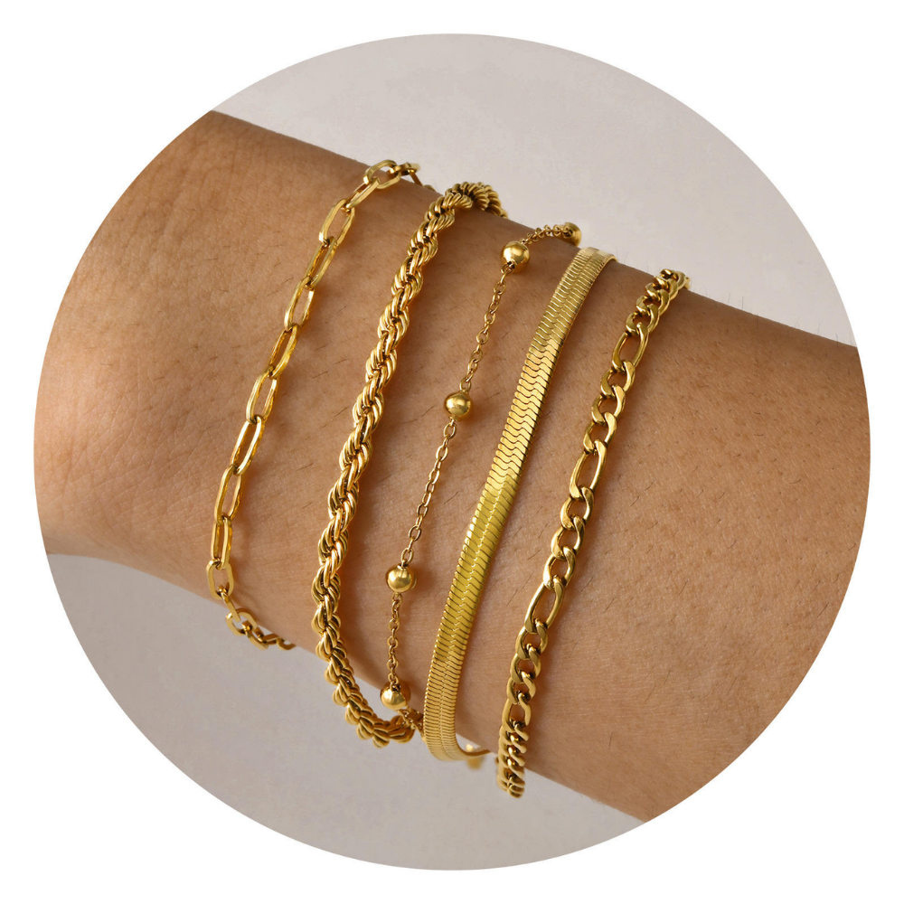 Set of 5 stacker set Gold bracelets on a wrist against a neutral background