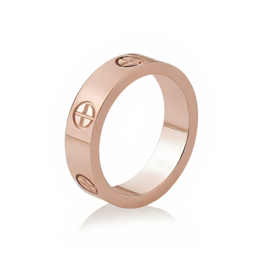 A bronze-colored stainless steel ring with a plus design on white background.