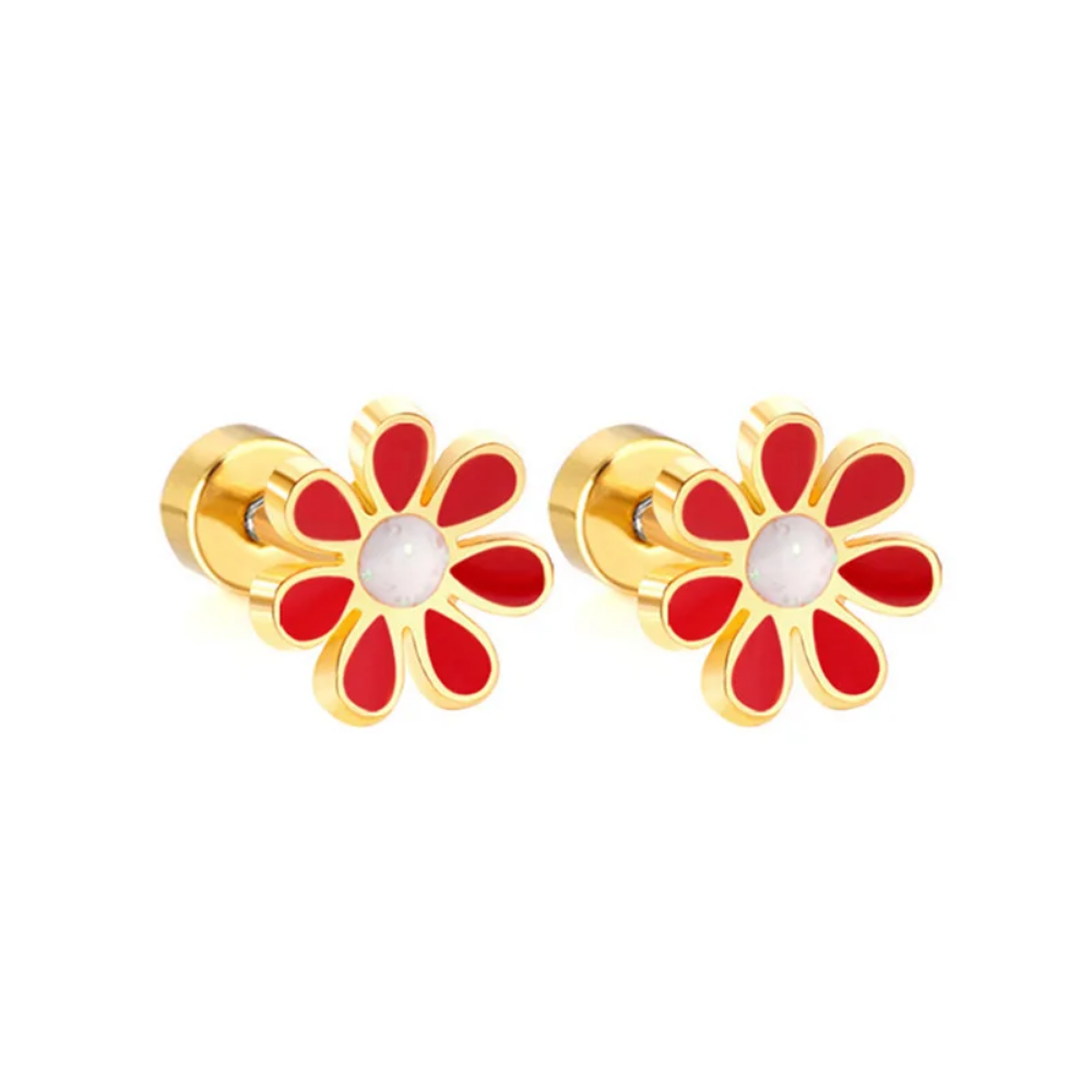 Children’s Flower Studs Flat Back Earrings (Red Flower & White Center)