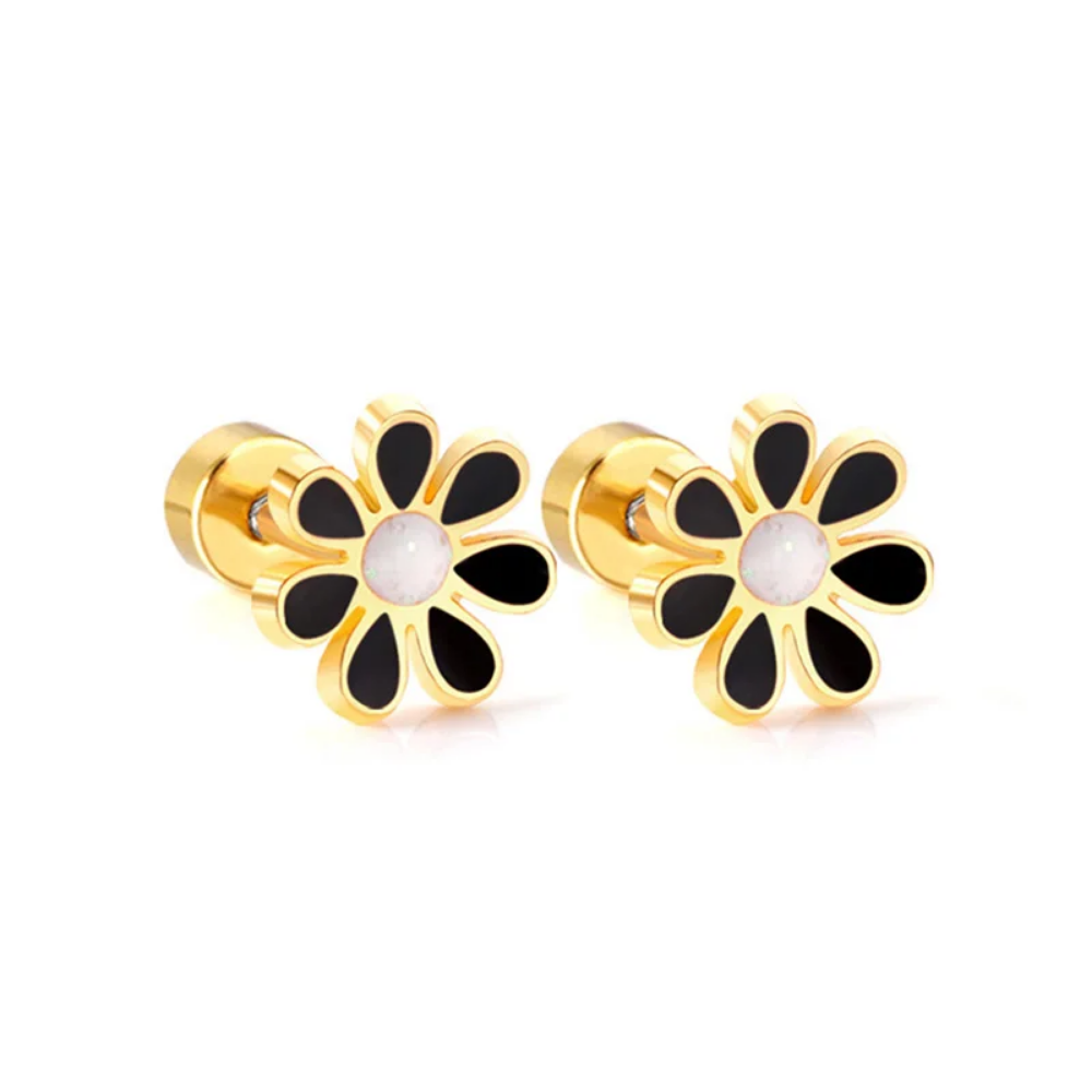 Children’s Flower Studs Flat Back Earrings (Black Flower & White Center)