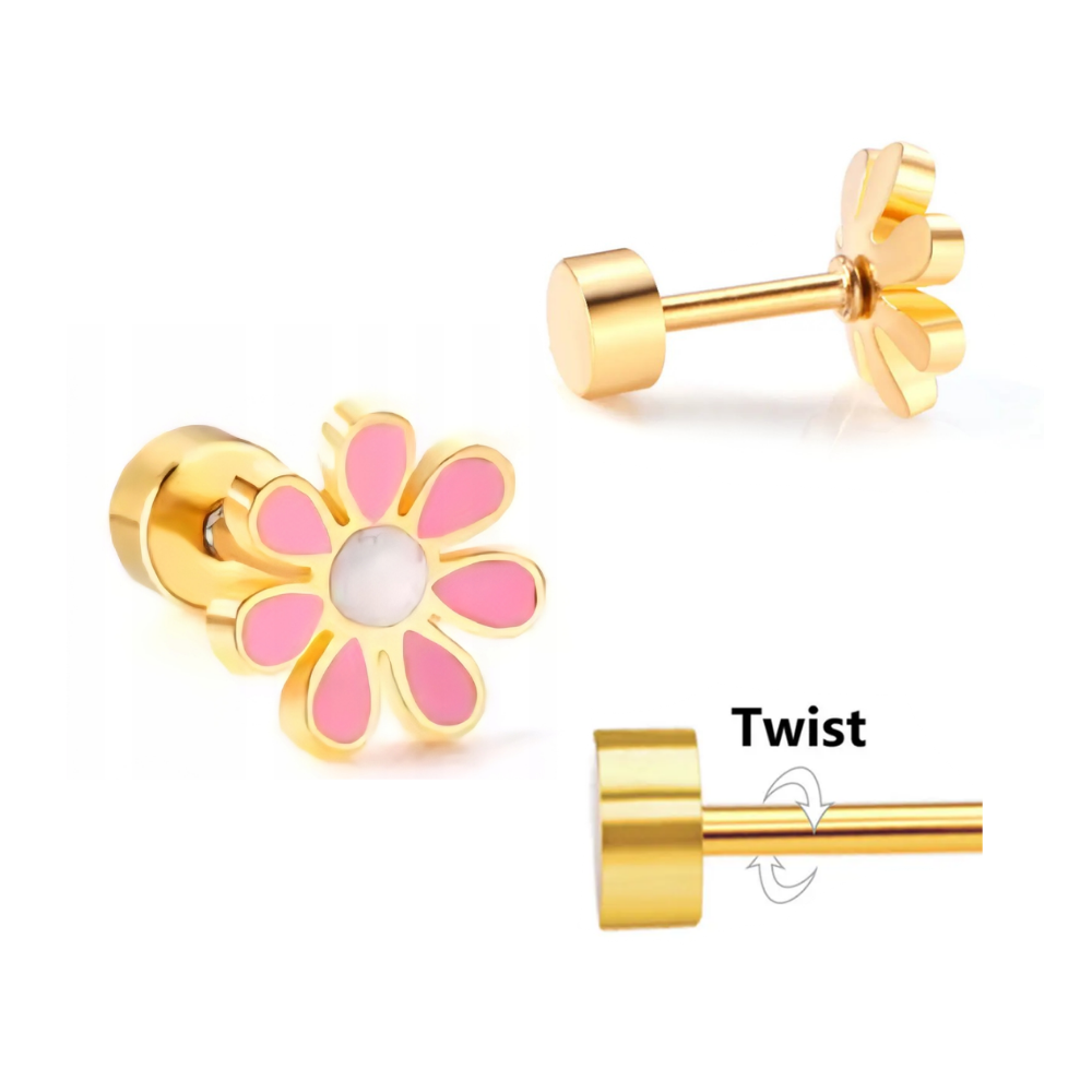 Children’s Flower Studs Flat Back Earrings Front and Back View with Twist Feature