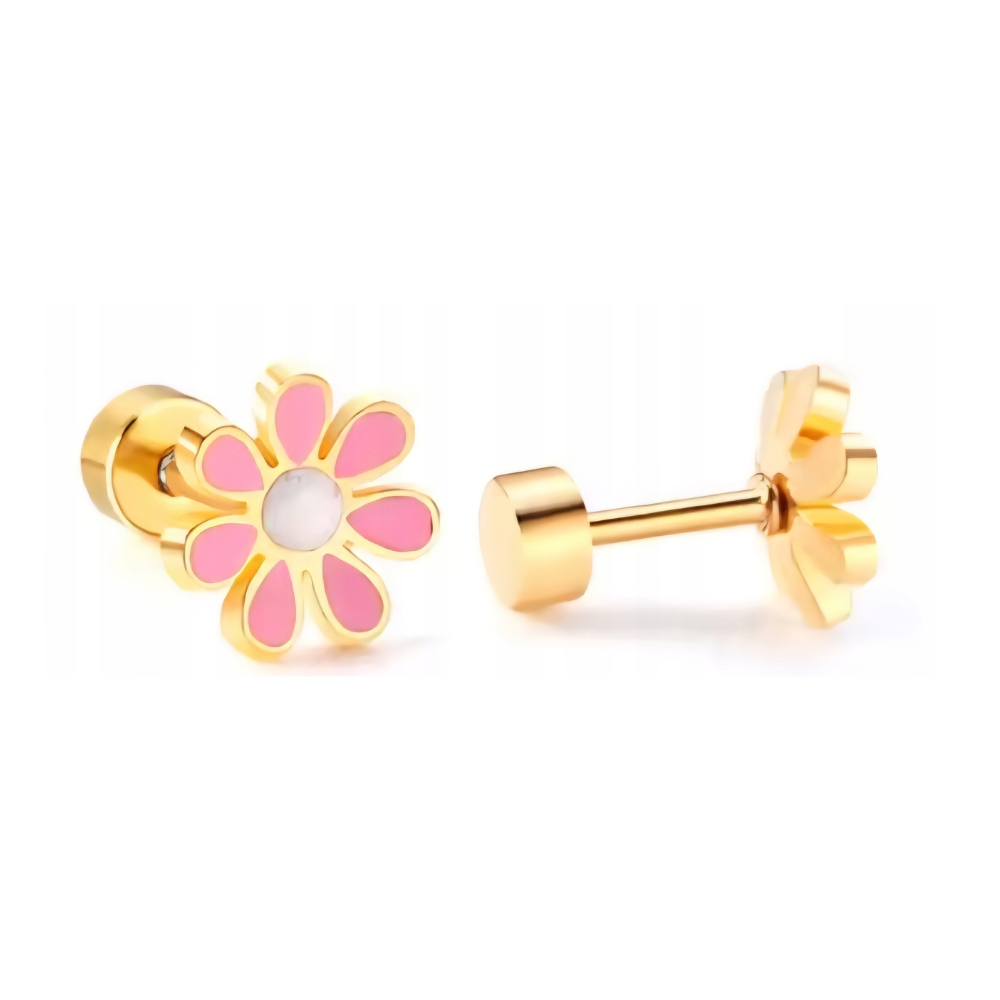 Children’s Flower Studs Flat Back Earrings (Pink Flower & White Center)