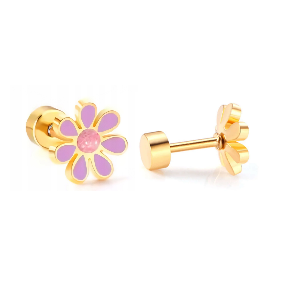 Children’s Flower Studs Flat Back Earrings (Purple Flower & Pink Center)