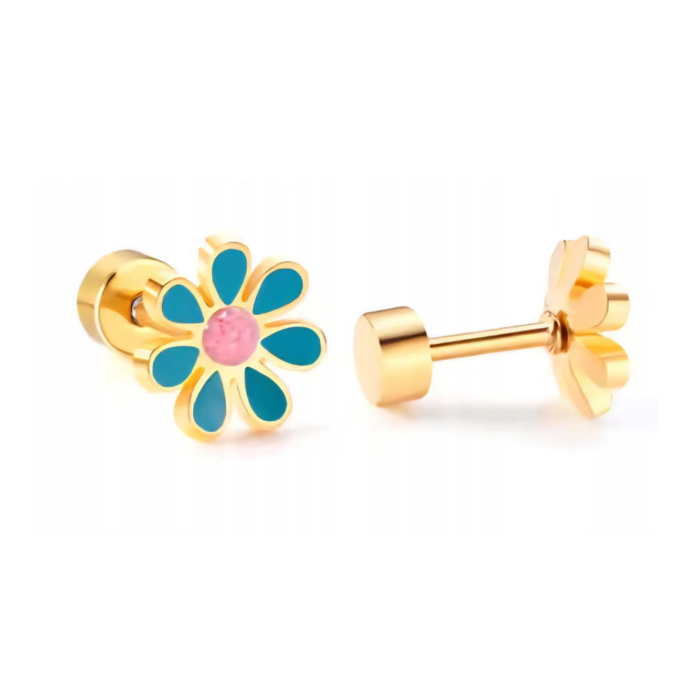 Children’s Flower Studs Flat Back Earrings (Teal Blue Flower & Pink Center)
