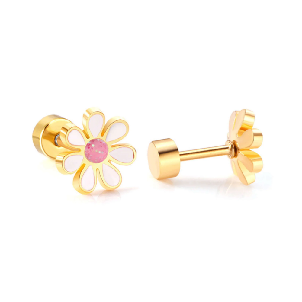 Children’s Flower Studs Flat Back Earrings (White Flower & Pink Center)