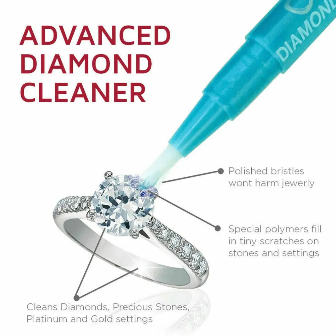 An image of Advanced Diamond Cleaner showing it cleans diamonds, precious stones, platinum and gold settings.