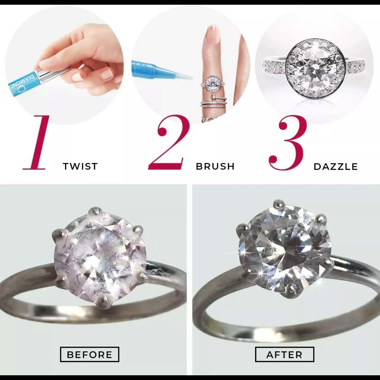 An image of Advanced Diamond Cleaner showing it cleans diamonds, precious stones, platinum and gold settings.