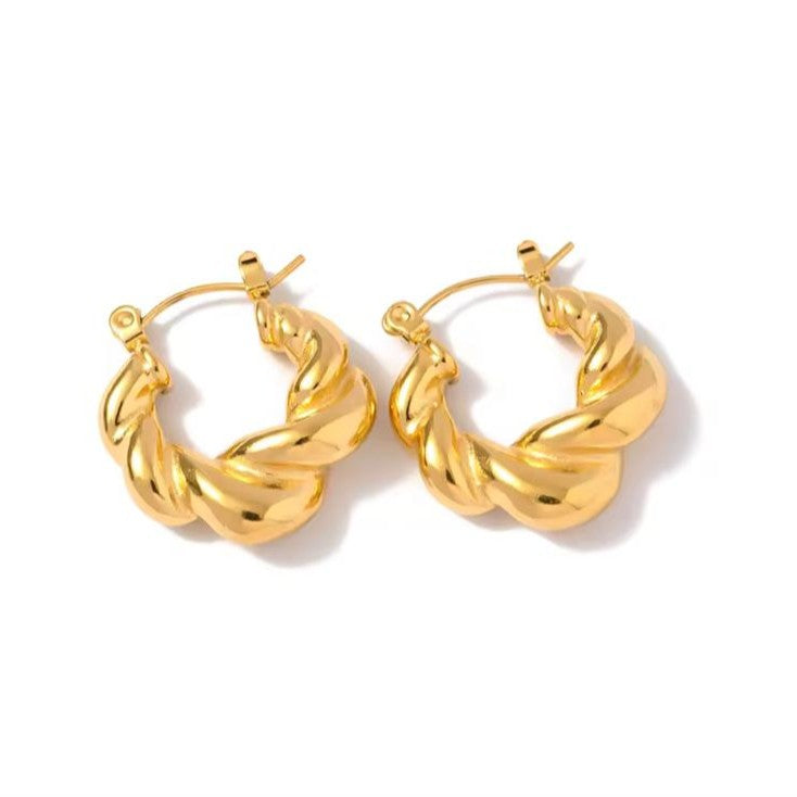 Pair of gold hoop earrings on a white background