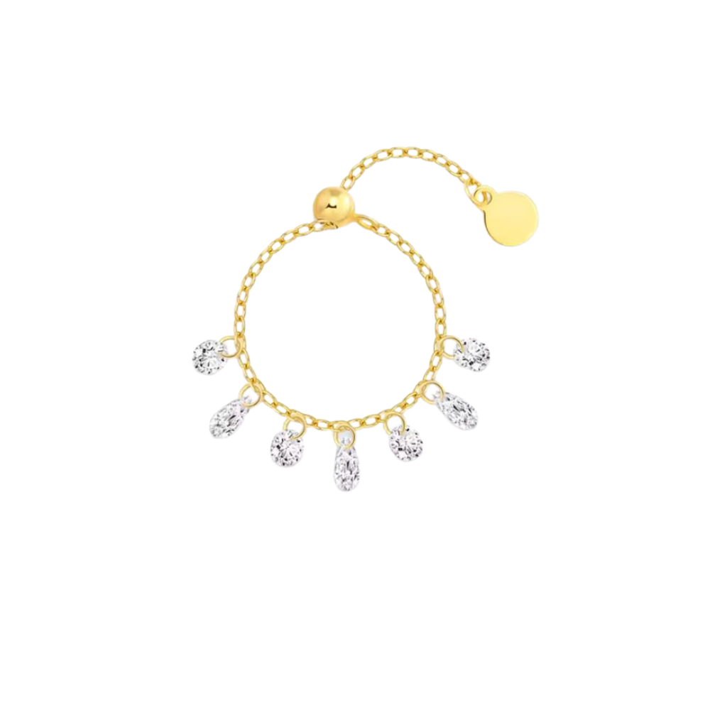 Crystal Drop Chain Ring - 925 Sterling Silver (Adjustable)